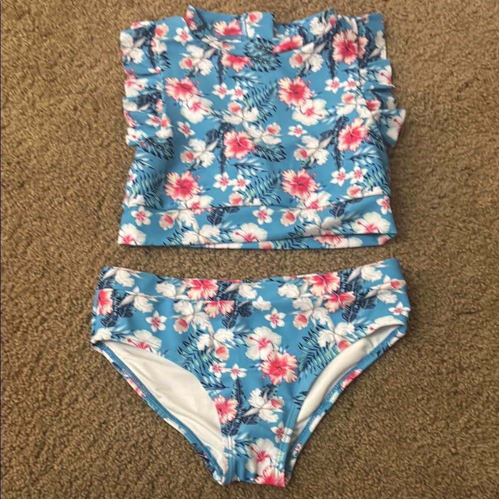 Girls Floral Blue Two-Piece Swimsuit